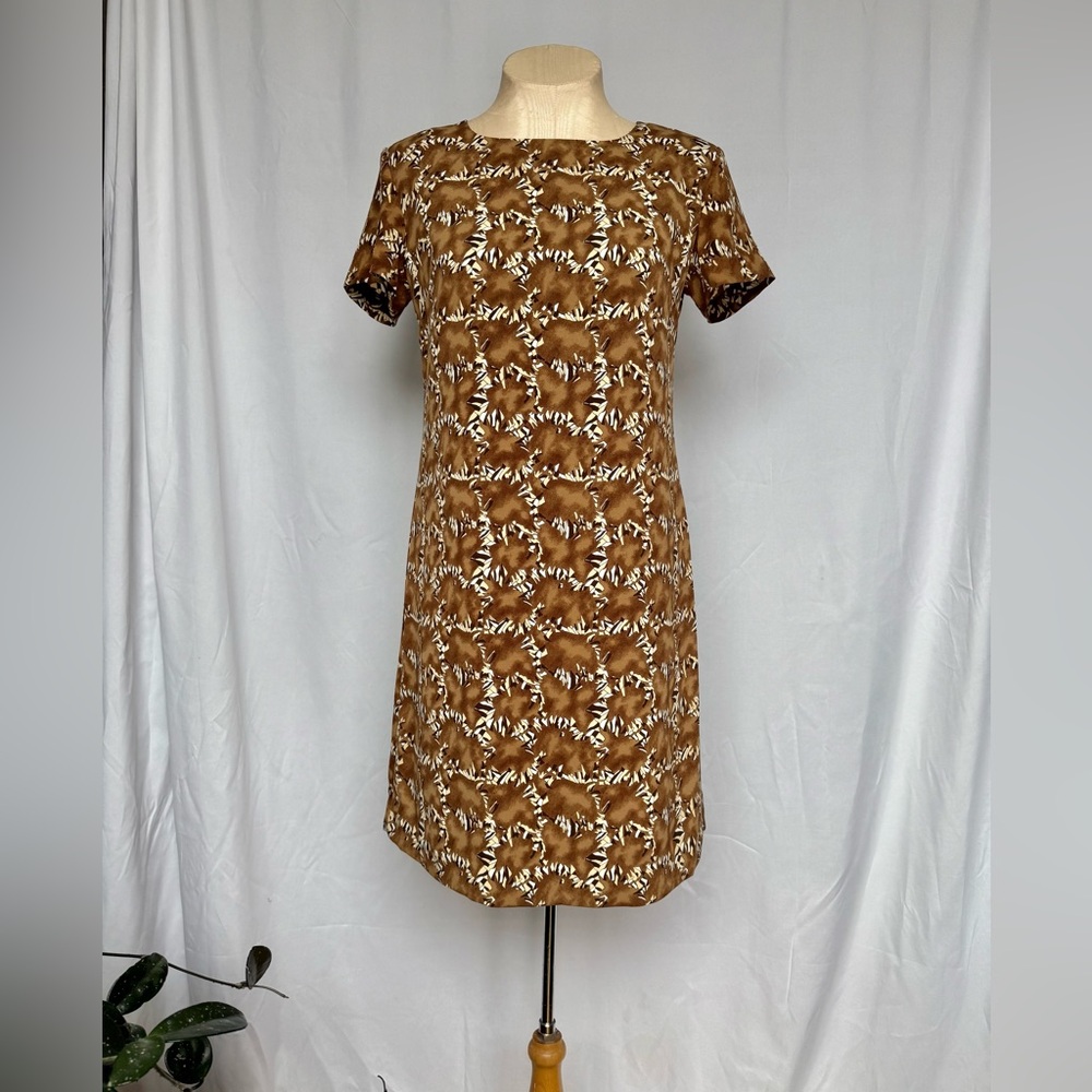 VTG 70s Eaton Essentials Brown Art Deco Print Dress - S